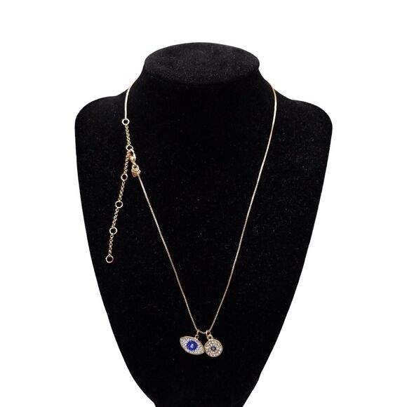 Aldo Necklace Gold Tone Double Pendant Evil Eye Rhinestones Box Chain - Picture 1 of 5